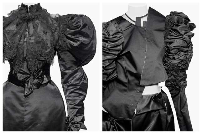 A dinner dress by Mrs. Arnold, a Brooklyn dressmaker, from circa 1895 (left), paired with a modern take on the style from the Comme des Garçons fall-winter 2004 collection.