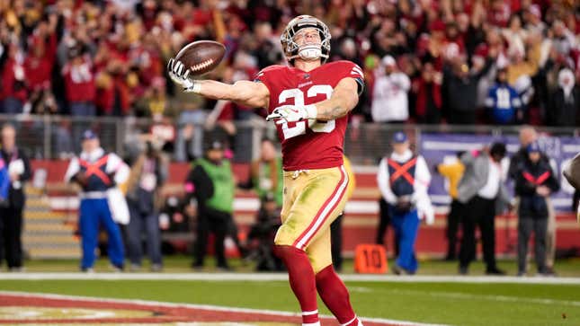 Christian McCaffrey celebrates after rushing for a touchdown against the Dallas Cowboys during the fourth quarter in the NFC Divisional Playoff game at Levi’s Stadium on Jan. 22, 2023, in Santa Clara, California.