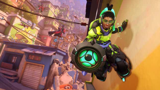 Lucio glides across the walls of a ruined cityscape.