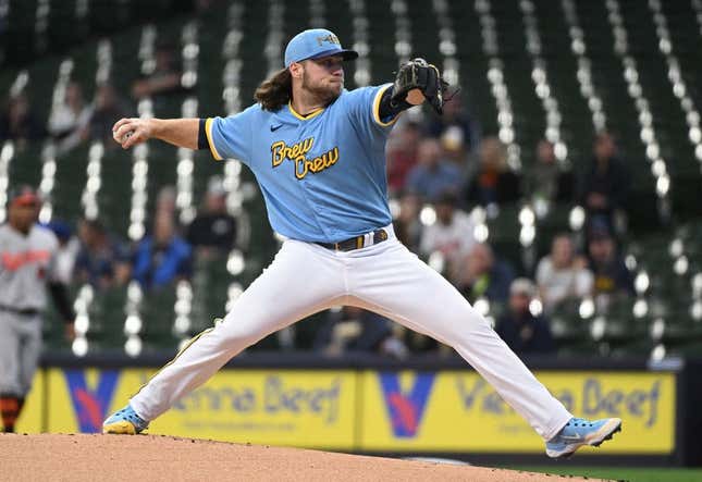 Jun 7, 2023; Milwaukee, Wisconsin, USA; Milwaukee Brewers starting pitcher Corbin Burnes (39) delivers a pitch against the Baltimore Orioles in the first inning at American Family Field.