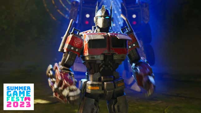 Optimus Prime stands before a portal.