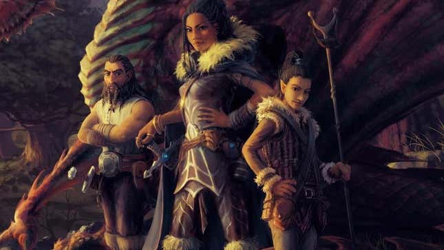 Crop of the cover for Dragonlance: Dragons of Deceit, featuring the main character Destina Rosethorn and her adventuring party. 