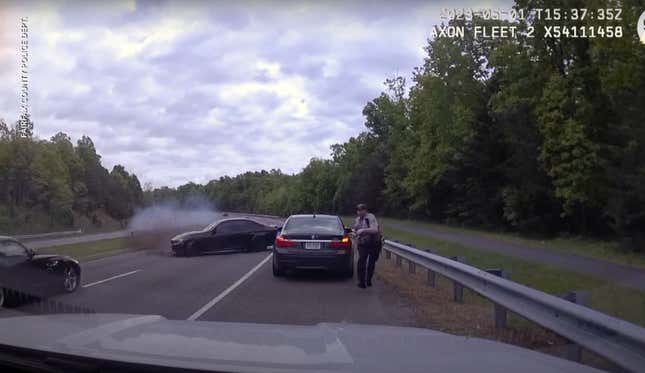 Image for article titled Cop Escapes 120 MPH Out-Of-Control Car at the Last Possible Moment