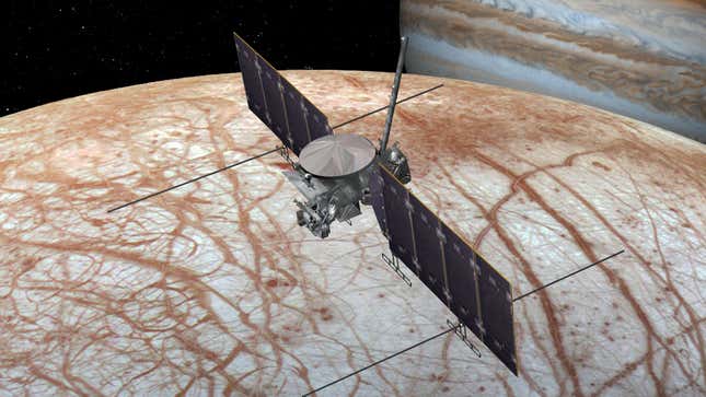 A rendering of the Europa Clipper above its namesake moon.