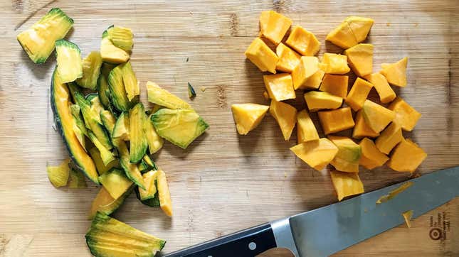 Cubed squash separated from exterior