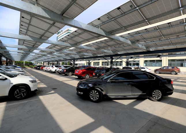 The view under solar panels at a photovoltaic parking lot in China