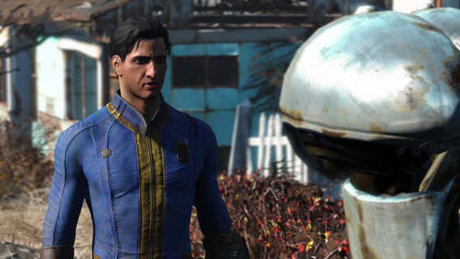 A Fallout 4 vault hunter stares at his domestic robot partner, Codsworth, in a dilapidated yard.