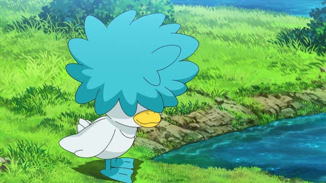 Quaxly is seen standing next to a pond with messy hair.