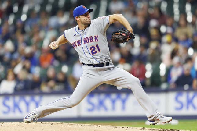 Apr 4, 2023; Milwaukee, Wisconsin, USA;  New York Mets pitcher Max Scherzer (21) throws a pitch during the second inning against the Milwaukee Brewers at American Family Field.