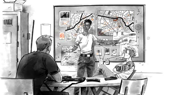 A person stands before a corkboard with maps and images laid out to indicate an intricate set of plans.