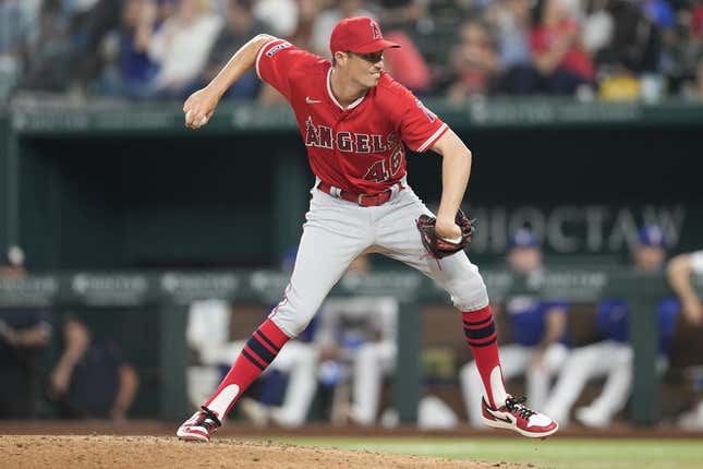 Jun 14, 2023; Arlington, Texas, USA; Los Angeles Angels relief pitcher Jimmy Herget (46) delivers a pitch to the Texas Rangers during the seventh inning at Globe Life Field.