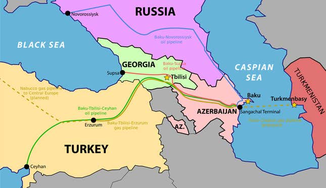 Routes of the proposed trans-Caspian, Baku-Ceyhan and other pipelines.