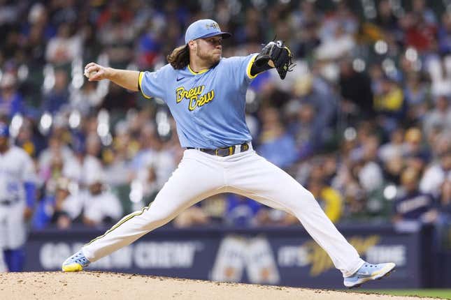 May 12, 2023; Milwaukee, Wisconsin, USA;  Milwaukee Brewers pitcher Corbin Burnes (39) throws a pitch during the second inning against the Kansas City Royals at American Family Field.