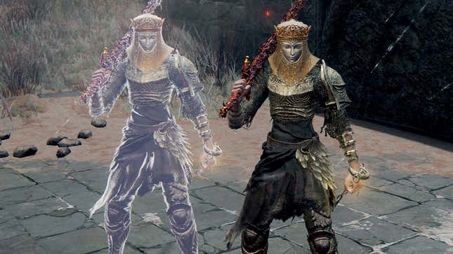 A fantasy warrior stands side-by-side with her ghostly twin.