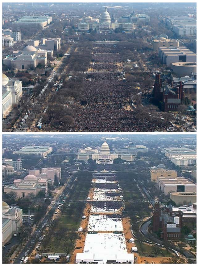 A view of the crowd on the National Mall at the inaugurations of President Barack Obama, above, on Jan. 20, 2009, and President Donald Trump, below, on Jan. 20, 2017. Both shot shortly before noon from the top of the Washington Monument.