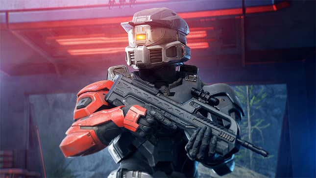 A Spartan holds a battle rifle while standing under a red light in Halo Infinite Tactical Ops slayer.