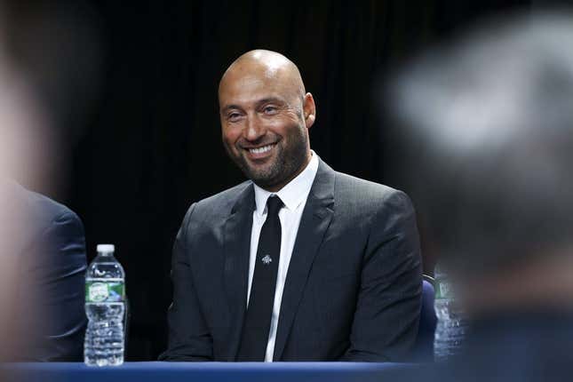 Dec 21, 2022; Bronx, New York, USA; Derek Jeter reacts during a press conference at Yankee Stadium.
