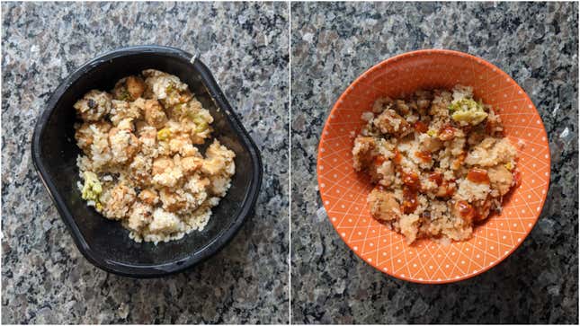 Left: Chile-Garlic Pork Bowl in the microwave bowl. Right: plated with a drizzle of sambal oelek.