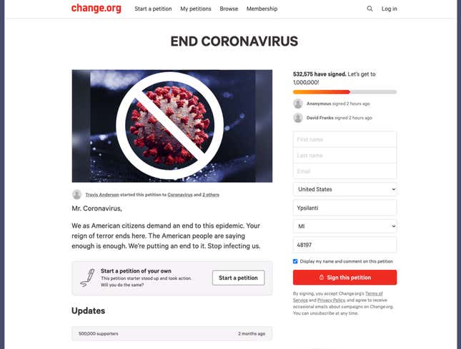 Image for article titled Over 500,000 Americans Sign Petition Demanding End To Coronavirus