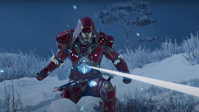 Eivor in an Iron Man suit shoots a laser beam. 
