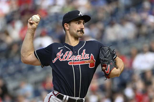 Apr 1, 2023; Washington, District of Columbia, USA; Atlanta Braves starting pitcher Spencer Strider (99) throws to the Washington Nationals during the second inning at Nationals Park.