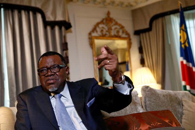 President Hage Geingob of Namibia gestures during an interview with Reuters in central London, Britain December 1, 2016.