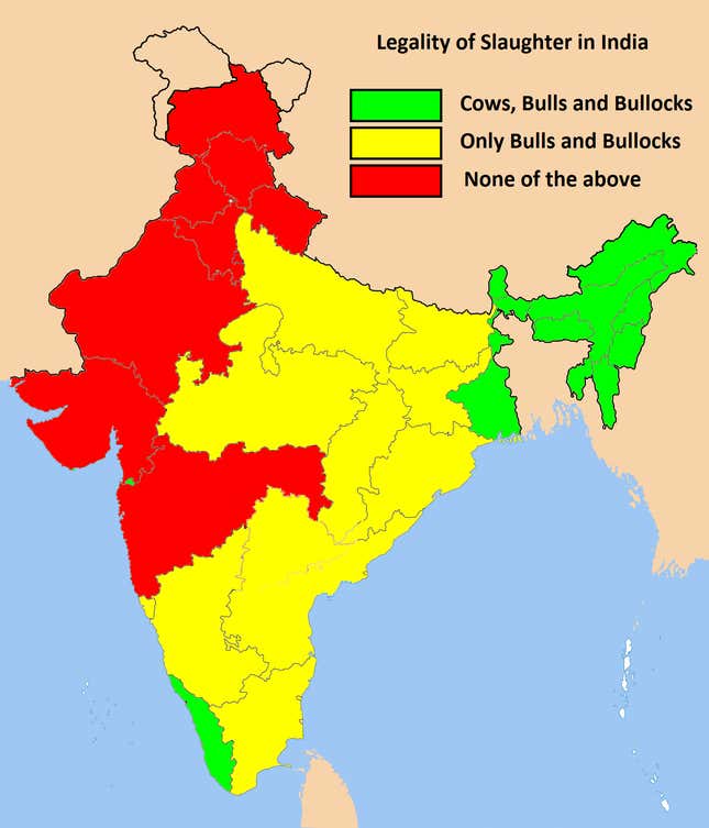 The legal status of cow slaughter in India in 2012. Today, all yellow regions have turned red.