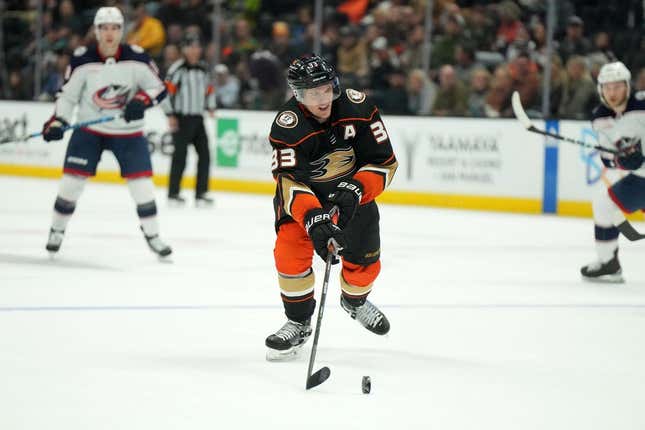Mar 17, 2023; Anaheim, California, USA; Anaheim Ducks right wing Jakob Silfverberg (33) controls the puck against the Columbus Blue Jackets in the third period at Honda Center.