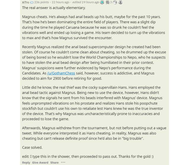 A screenshot shows the anal bead theory as it was originally posted on r/Chess.