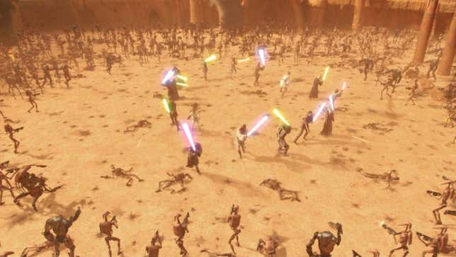 Jedi fighting battle droids in an arena.