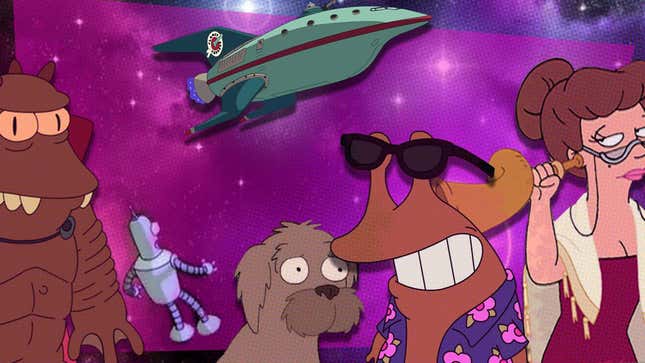 An assortment of Futurama characters are seen against a purple starry backdrop. 