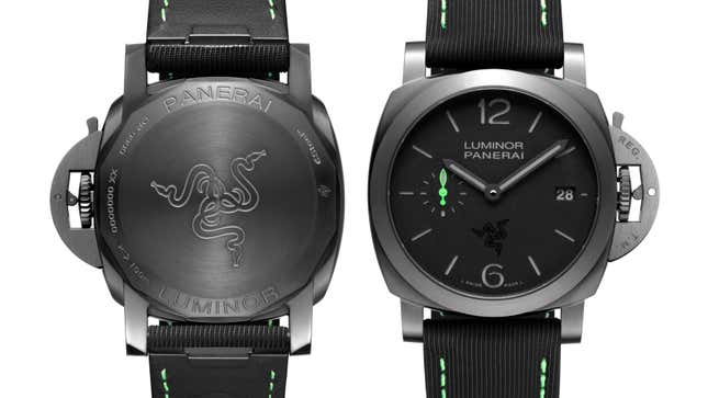 The front and back of the Panerai Luminor Quaranta Razer Special Edition watch against a white background.