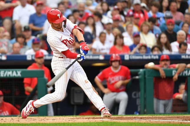 Aug 28, 2023; Philadelphia, Pennsylvania, USA; Philadelphia Phillies shortstop Trea Turner (7) hits a home run during the first inning against the Los Angeles Angels at Citizens Bank Park.