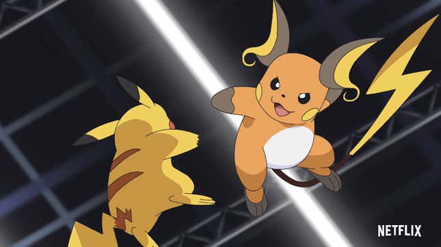 Pikachu and Raichu battle it out in the Pokémon anime. 