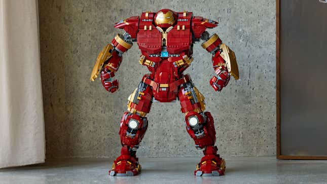 The Lego Hulkbuster with hands posted in fists.