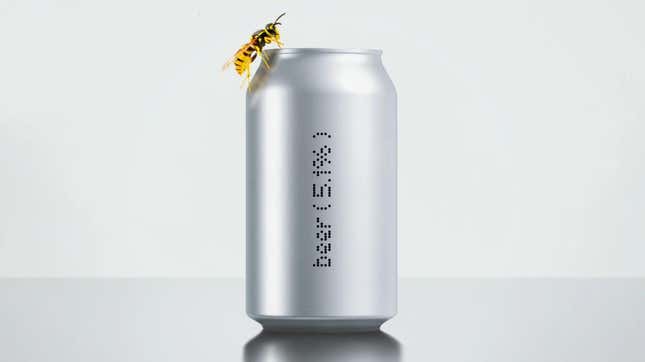 A silver can reading "beer (5.1%) with a yellow jacket on top.