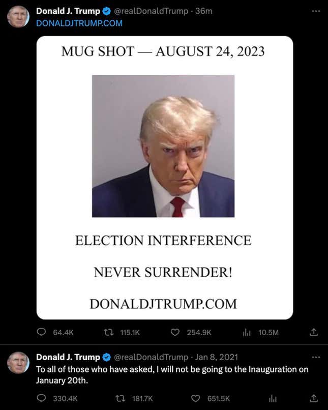 Imagen para el artículo titulado Trump regresa a Twitter/X publicando su foto policial