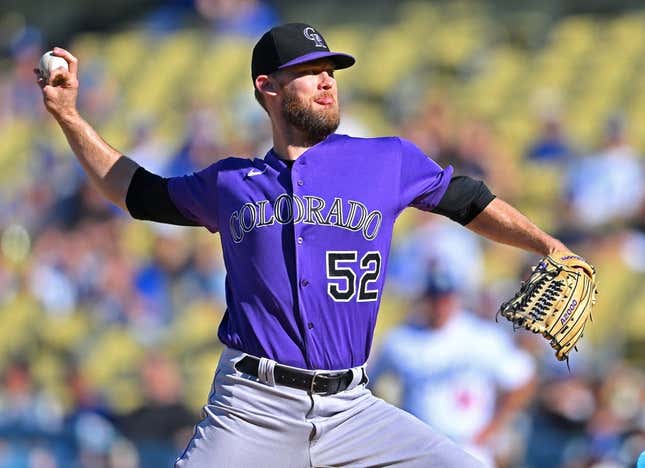 Oct 2, 2022; Los Angeles, California, USA;  Colorado Rockies relief pitcher Daniel Bard (52) earns a save in the ninth inning against the Colorado Rockies at Dodger Stadium.
