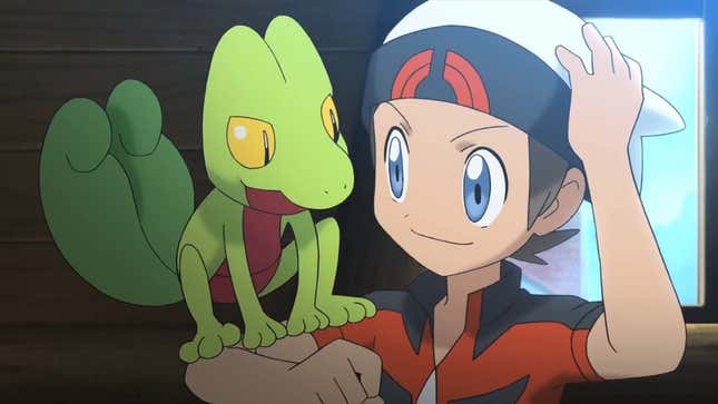 Treecko is seen sitting on Brendan's arm while the two smile at each other.