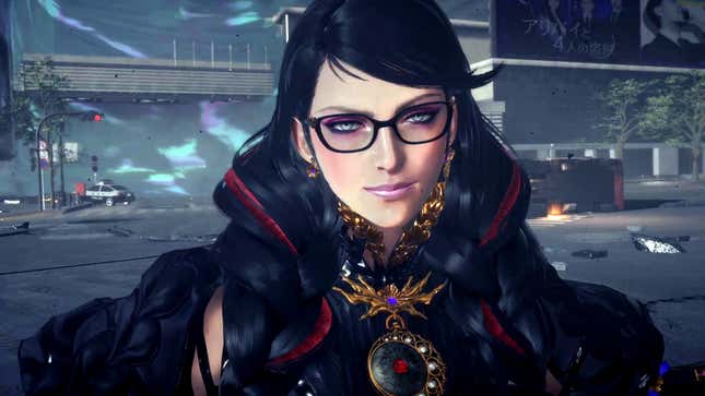 The witch Bayonetta stands amid a ruined city. She's wearing her signature glasses but now has her long hair in braids.