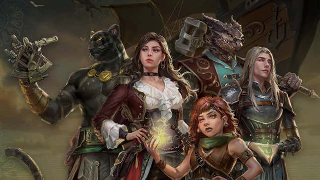 The heroes of Skyraiders of Aberax, including  humanoid panther and dragonkin, a female halfling, and two humans, one male and one female, in front of a flying ship.