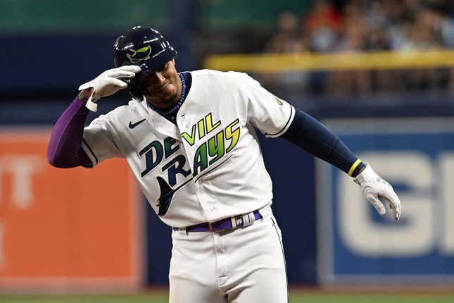 Aug 11, 2023; St. Petersburg, Florida, USA; Tampa Bay Rays shortstop Wander Franco (5) celebrates after hitting a two run single in the third inning  against the Cleveland Guardians at Tropicana Field.