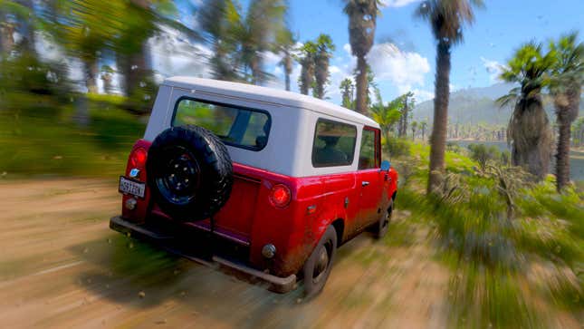 A red and white jeep zips through the woods in Forza Horizon 5 on Xbox Series X.