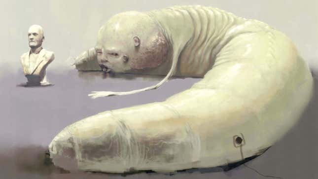 Concept art shows a strange worm with a human head and arm. 