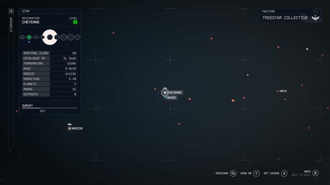 A Starfield screenshot that shows a more zoomed-out view of its starmap, focused on a solar system at its center, with several others dotting the map around it. 