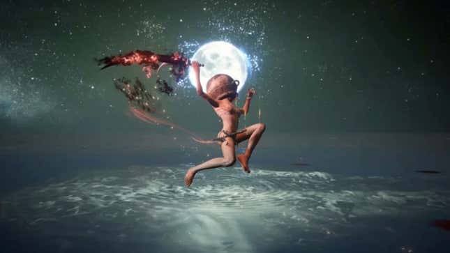 Elden Ring's newest legendary hero, supersaiyanvidel (aka LetMeSoloThem), is soaring through a moonlit sky.