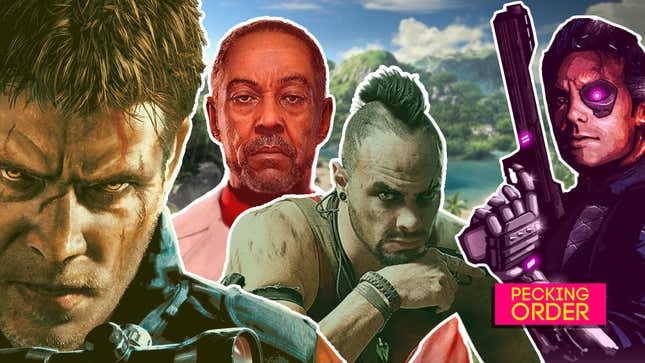 A collage of various Far Cry characters in front of a tropical background. 