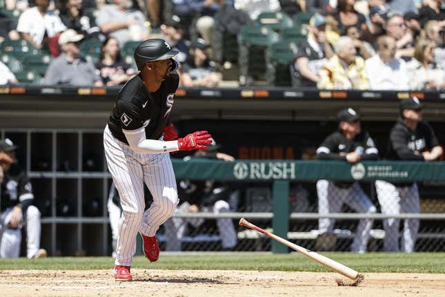 May 4, 2023; Chicago, Illinois, USA; Chicago White Sox designated hitter Eloy Jimenez (74) watches his two-run home run against the Minnesota Twins during the third inning at Guaranteed Rate Field.