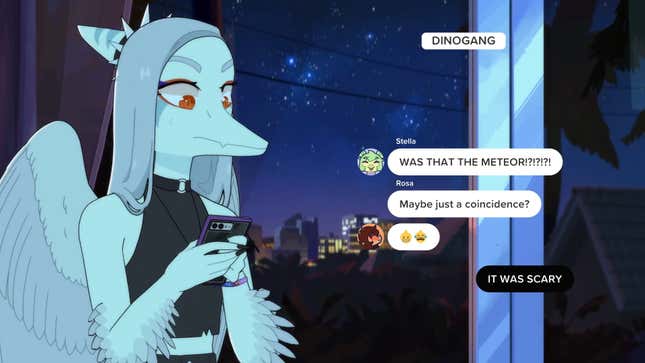 A Goodbye Volcano High protagonist texts their dinosaur friends about a meteor in this screenshot. 