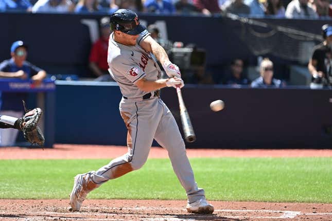 Aug 27, 2023; Toronto, Ontario, CAN;  Cleveland Guardians center fielder Myles Straw (7) hits an RBI single against the Toronto Blue Jays in the fourth inning at Rogers Centre.